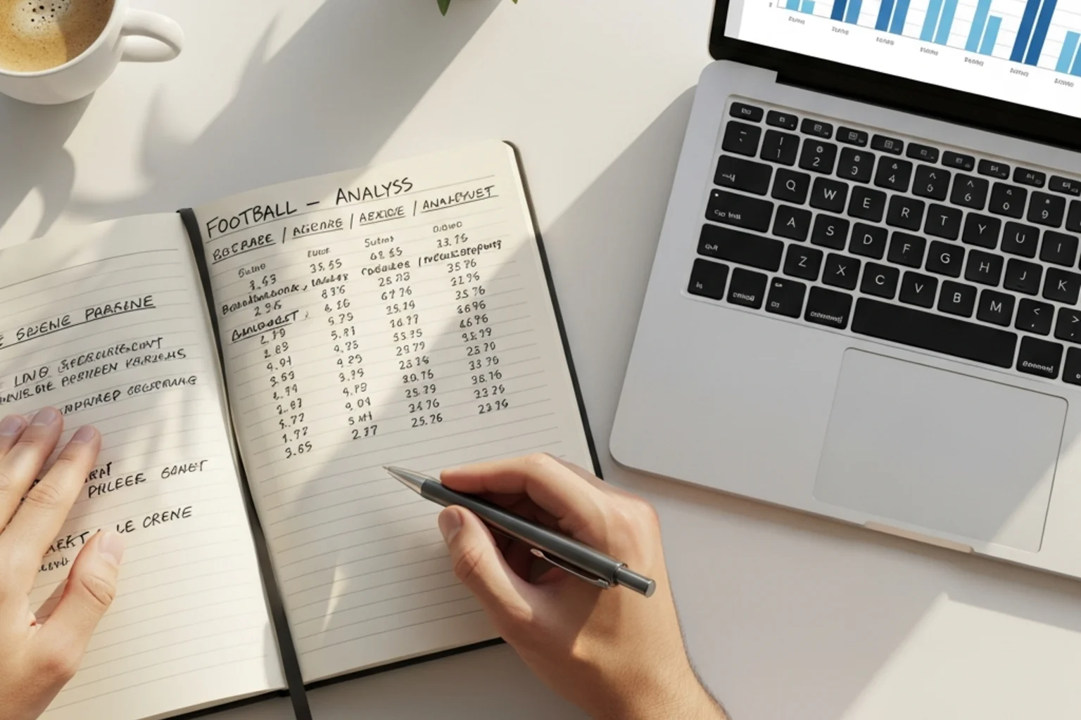 Notizbuch mit Fussballstatistiken neben einem Laptop