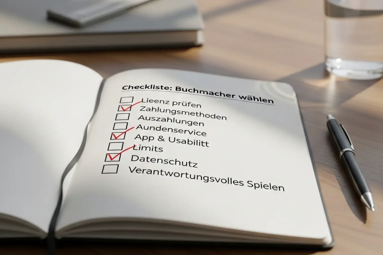 Notizbuch mit handgeschriebener Checkliste und Stift auf einem Schreibtisch