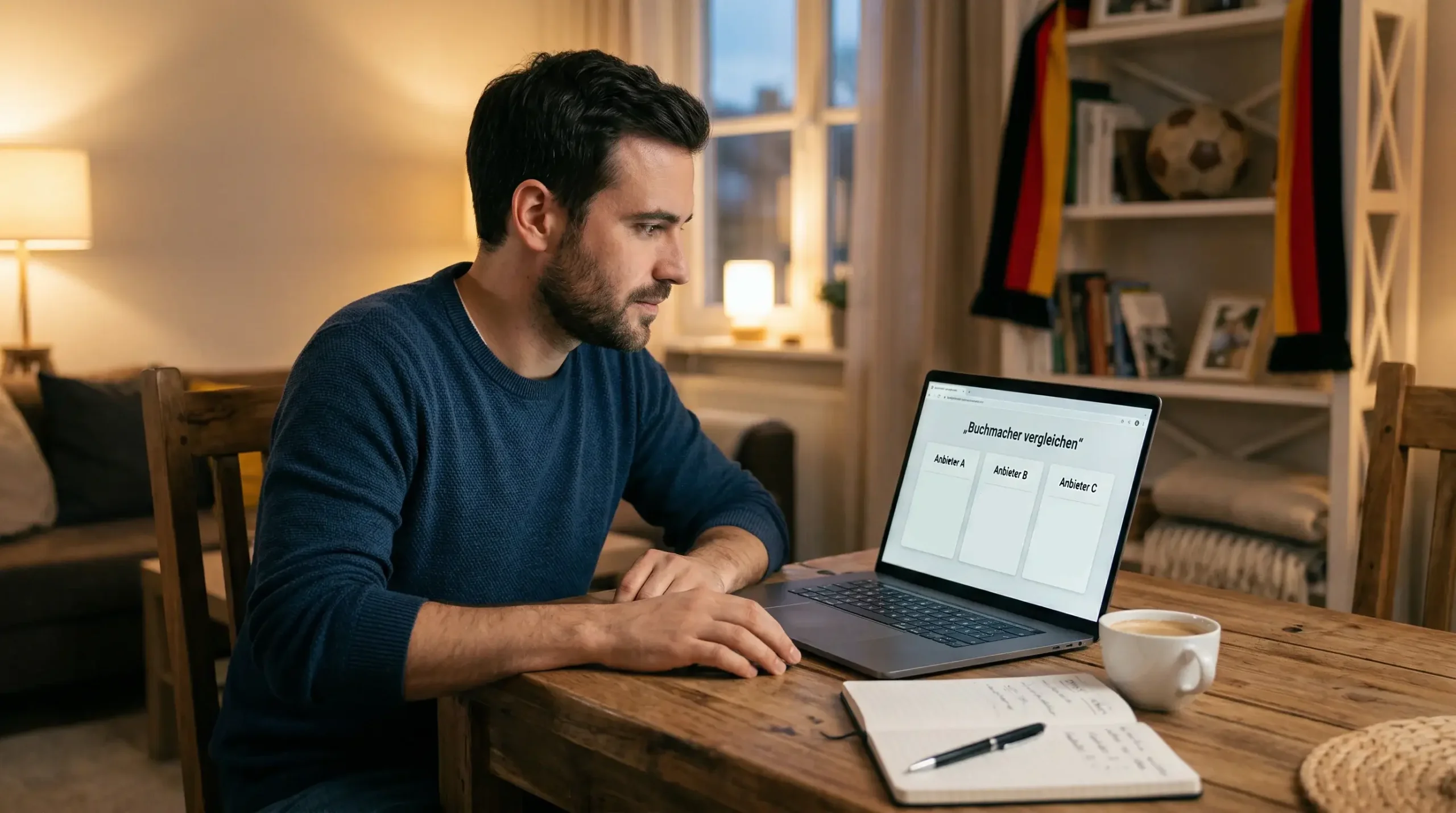 Deutscher Fussballfan recherchiert Wettanbieter am Laptop