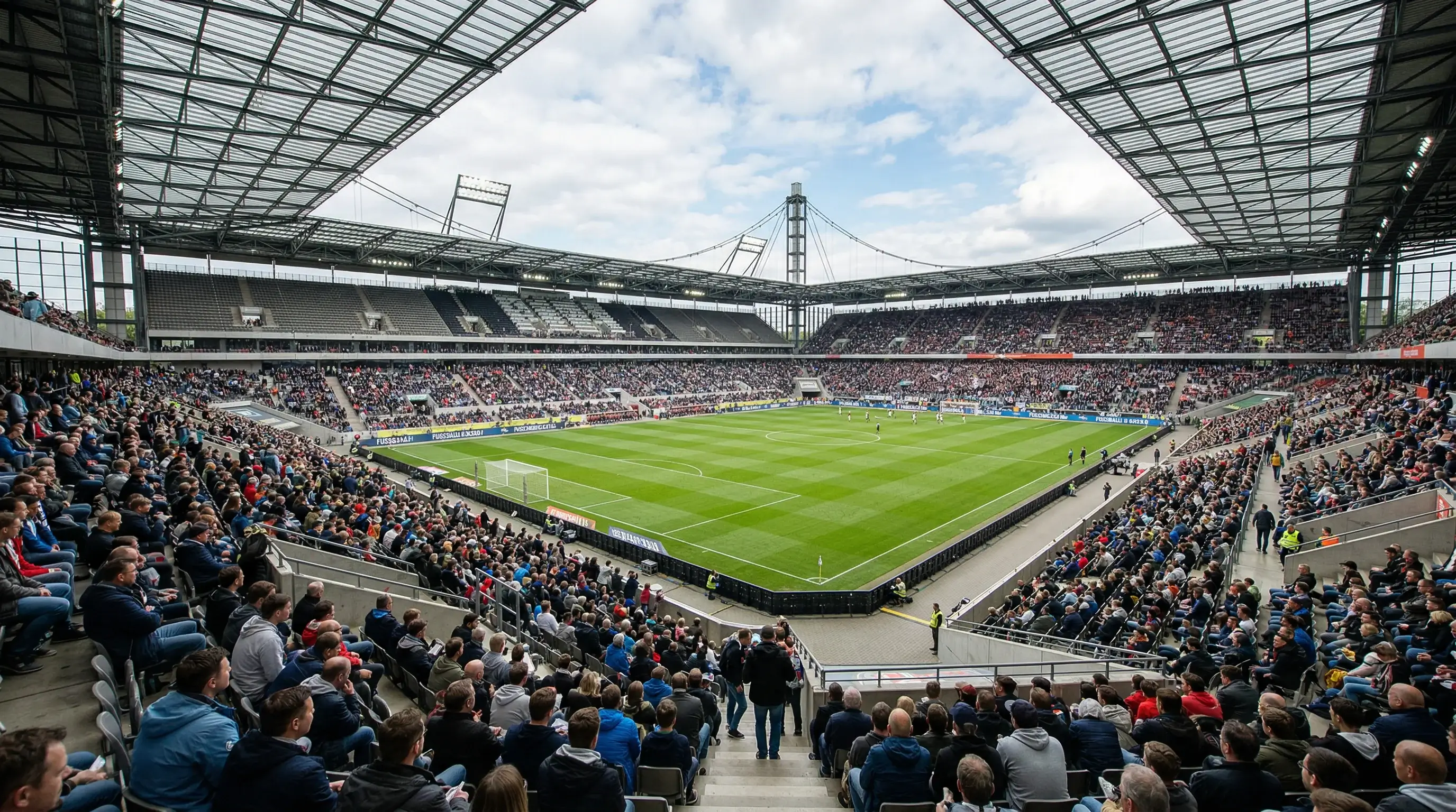 Vollbesetztes Bundesligastadion mit Rasenplatz und Flutlichtmasten