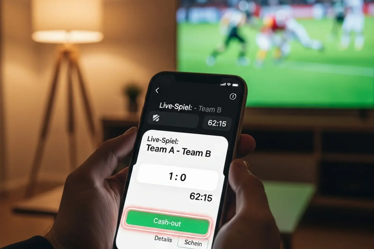 Smartphone zeigt Cash-Out-Option waehrend eines laufenden Fussballspiels