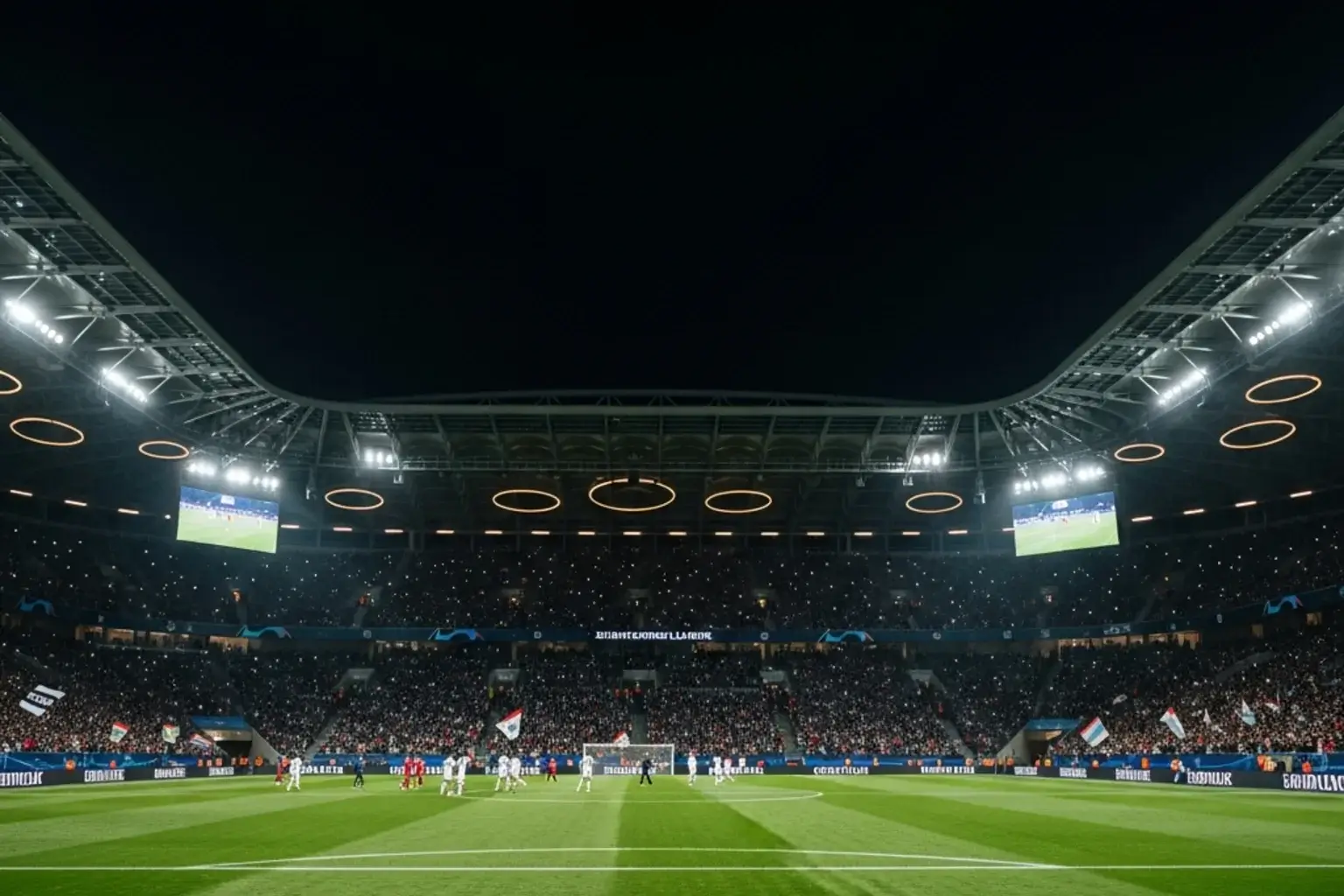 Fussballstadion bei Nacht mit Champions-League-Atmosphaere