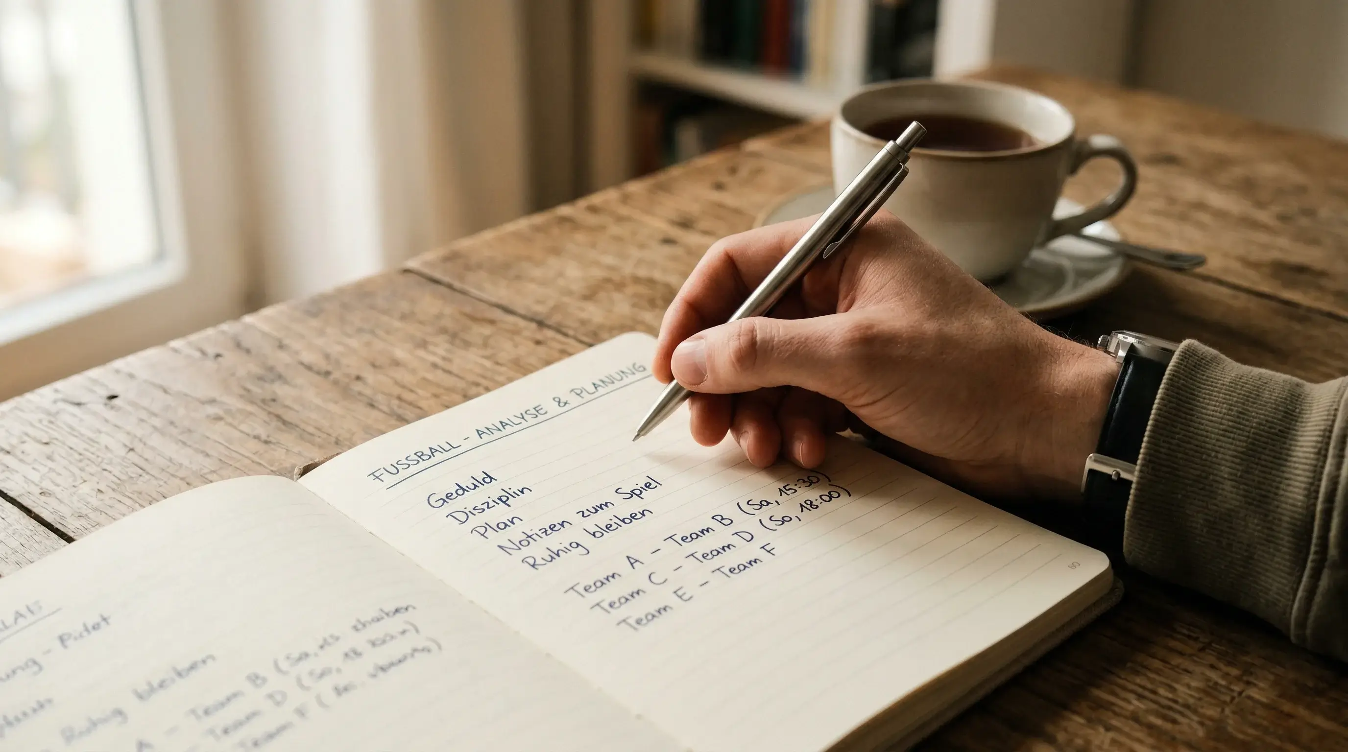 Ruhige Haende halten einen Stift ueber einem Notizbuch mit Wettnotizen