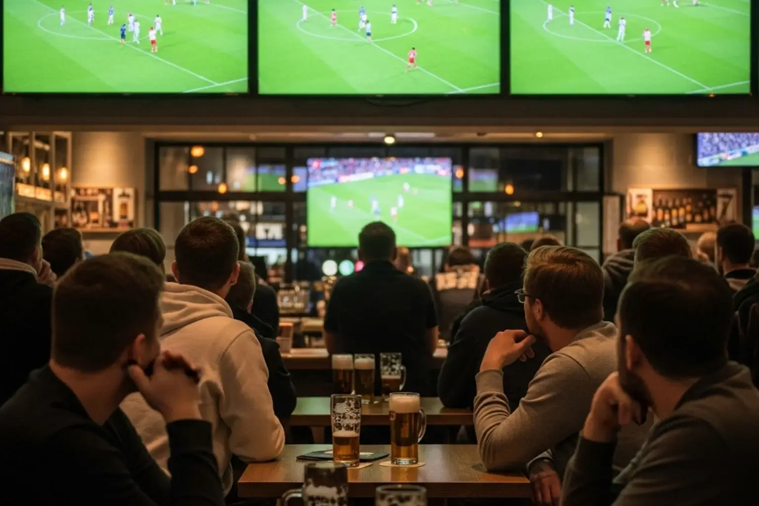 Fussballfans in einer Sportbar verfolgen ein Bundesligaspiel am Samstagnachmittag