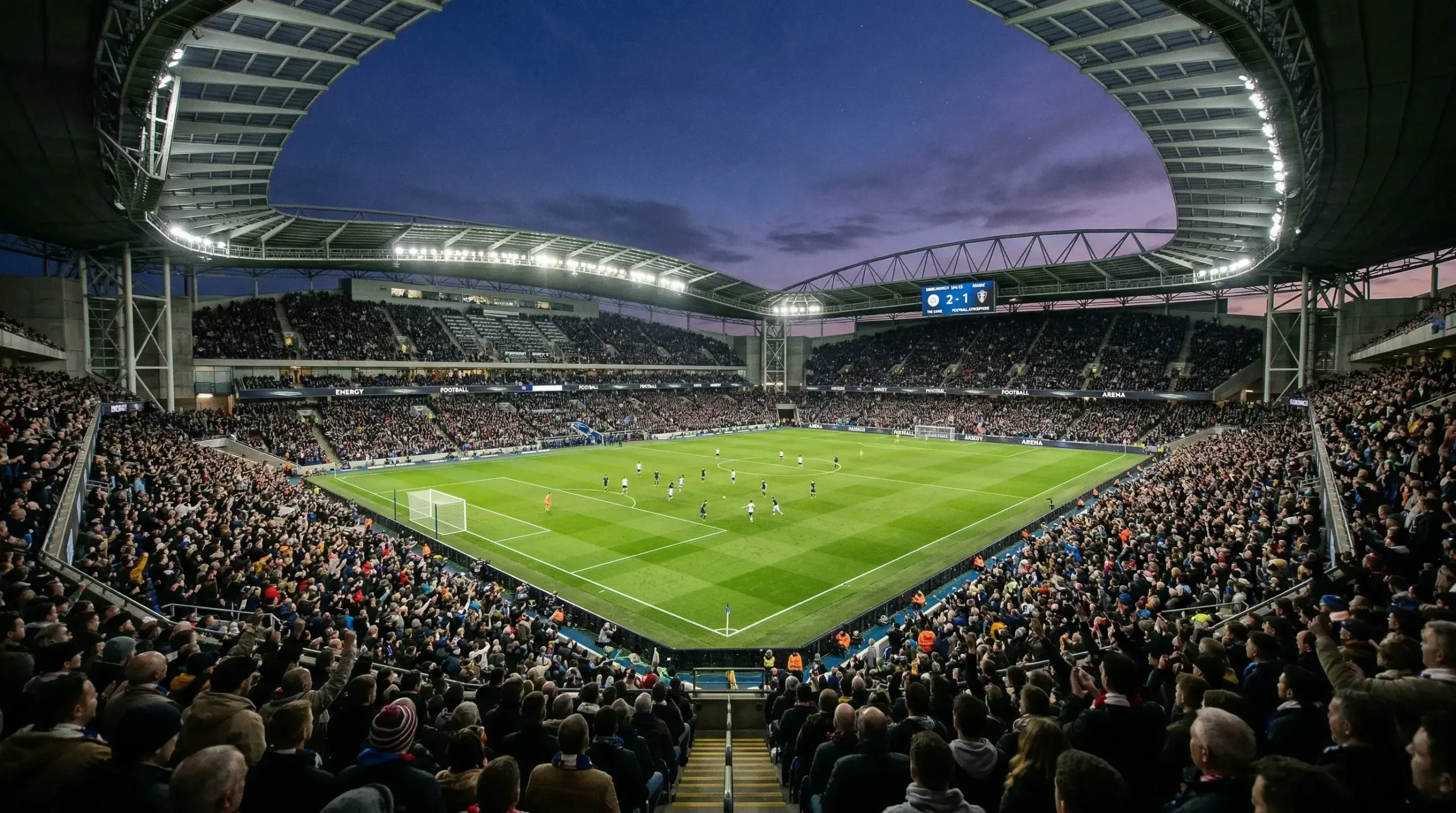 Fussballstadion bei Flutlicht mit Fans und Spielfeld
