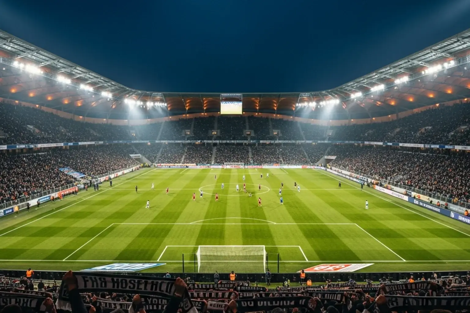 Fußballstadion bei Flutlicht mit Fans auf den Tribünen