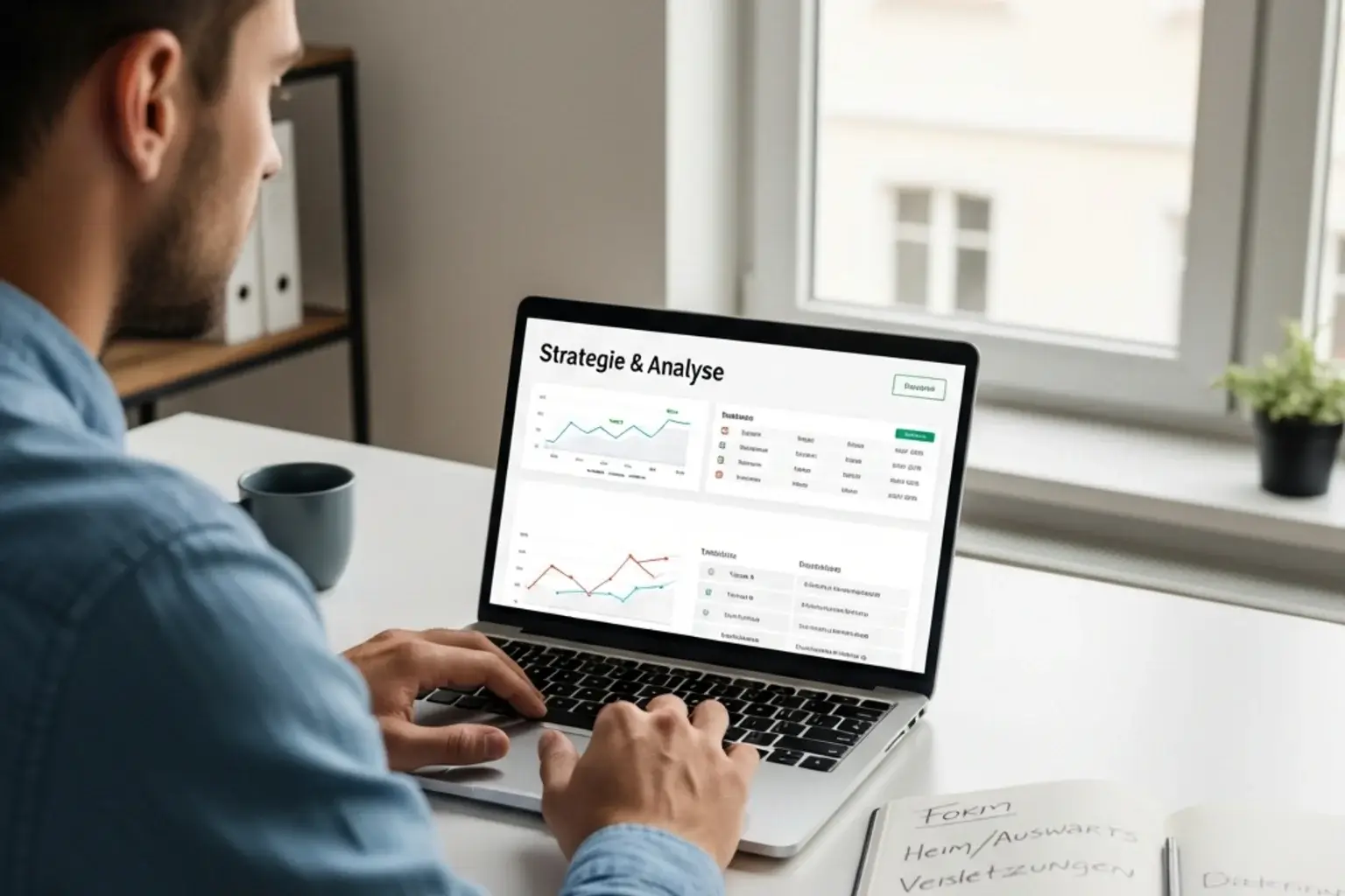 Konzentrierter Mann analysiert Fussballstatistiken an einem Schreibtisch