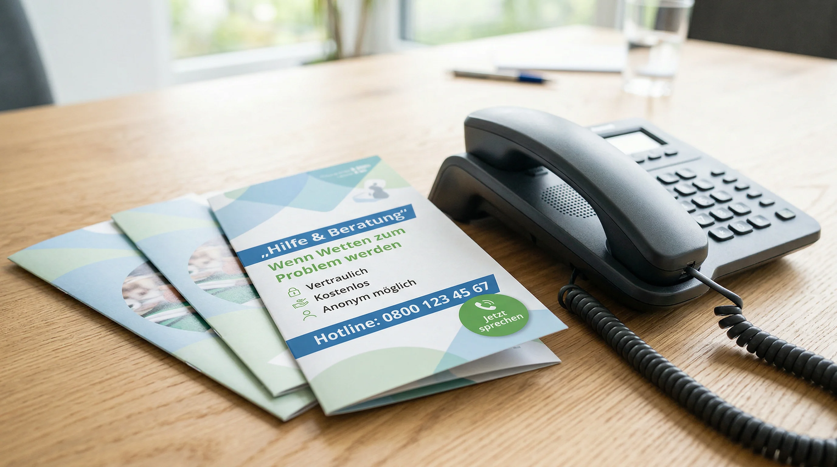 Telefonhoerer neben Informationsmaterial zur Spielsuchtberatung