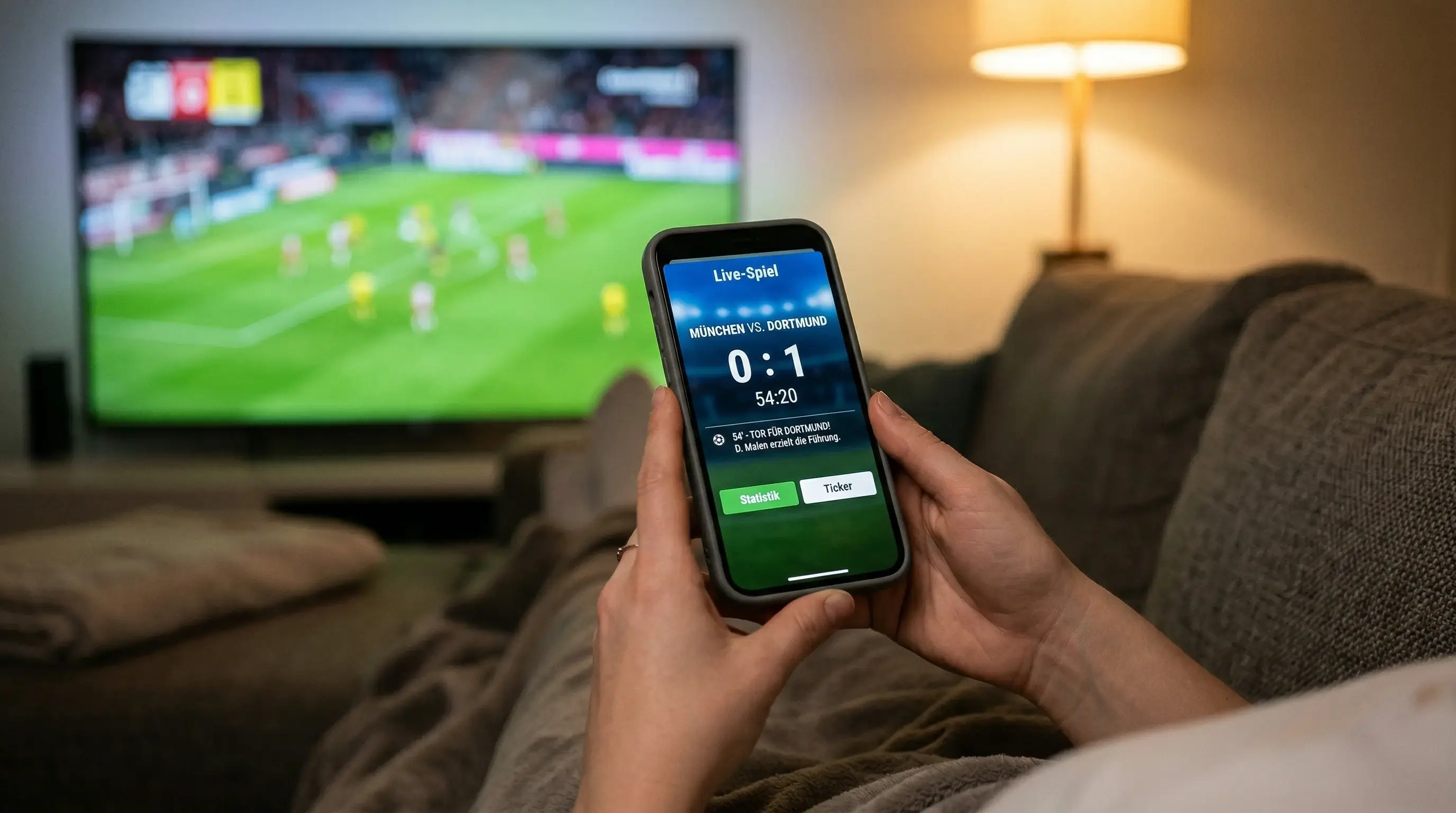 Hände halten Smartphone während eines Fußballspiels im Hintergrund