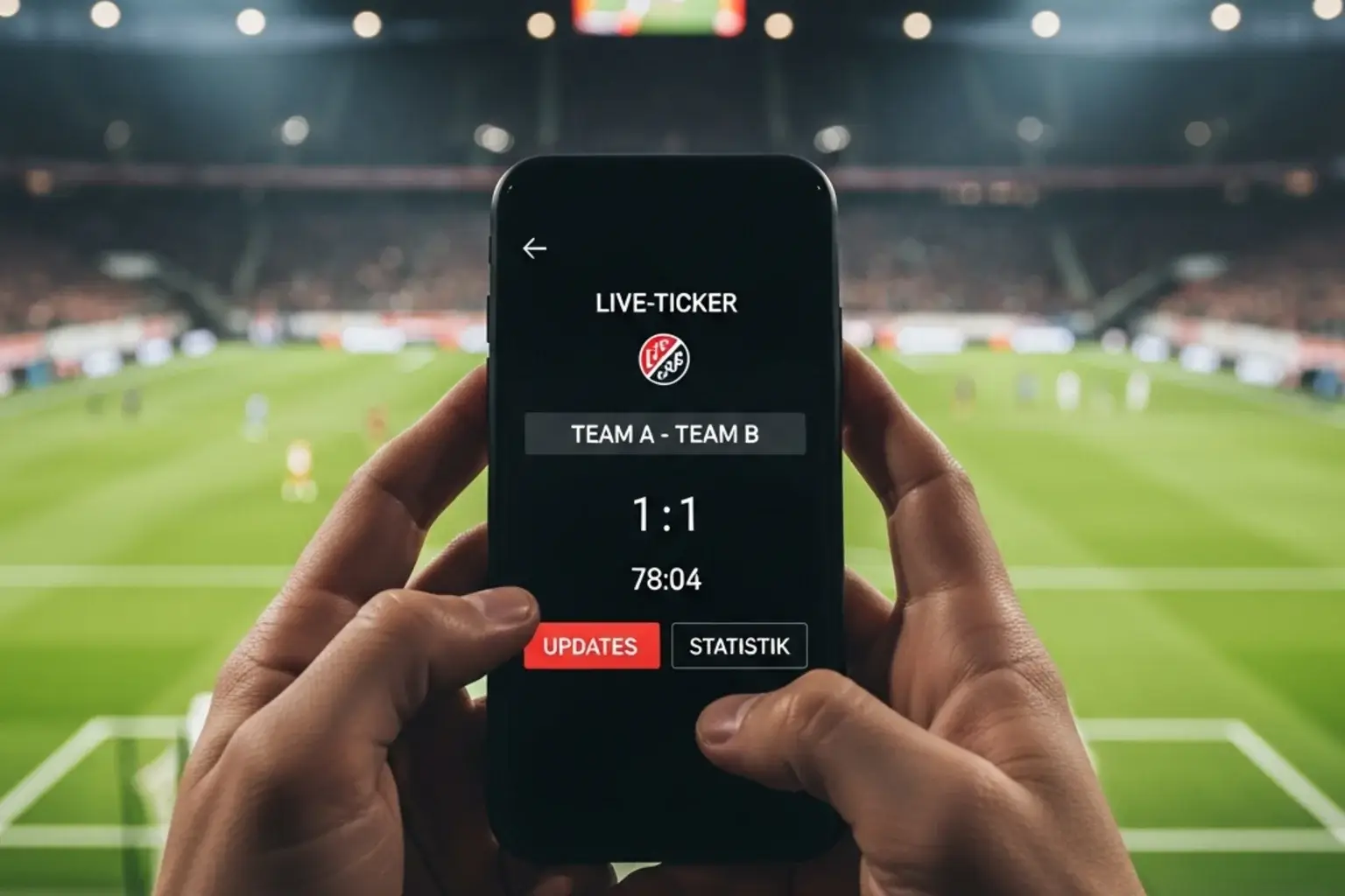 Fussballfan mit Smartphone im Stadion verfolgt Live-Quoten