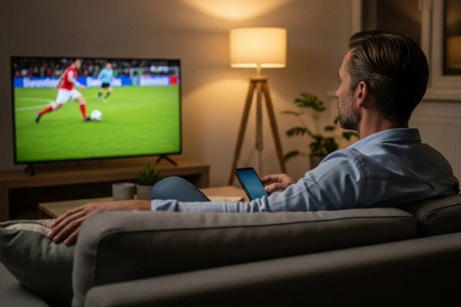 Entspannter Mann auf Sofa schaut Fussball ohne Handy
