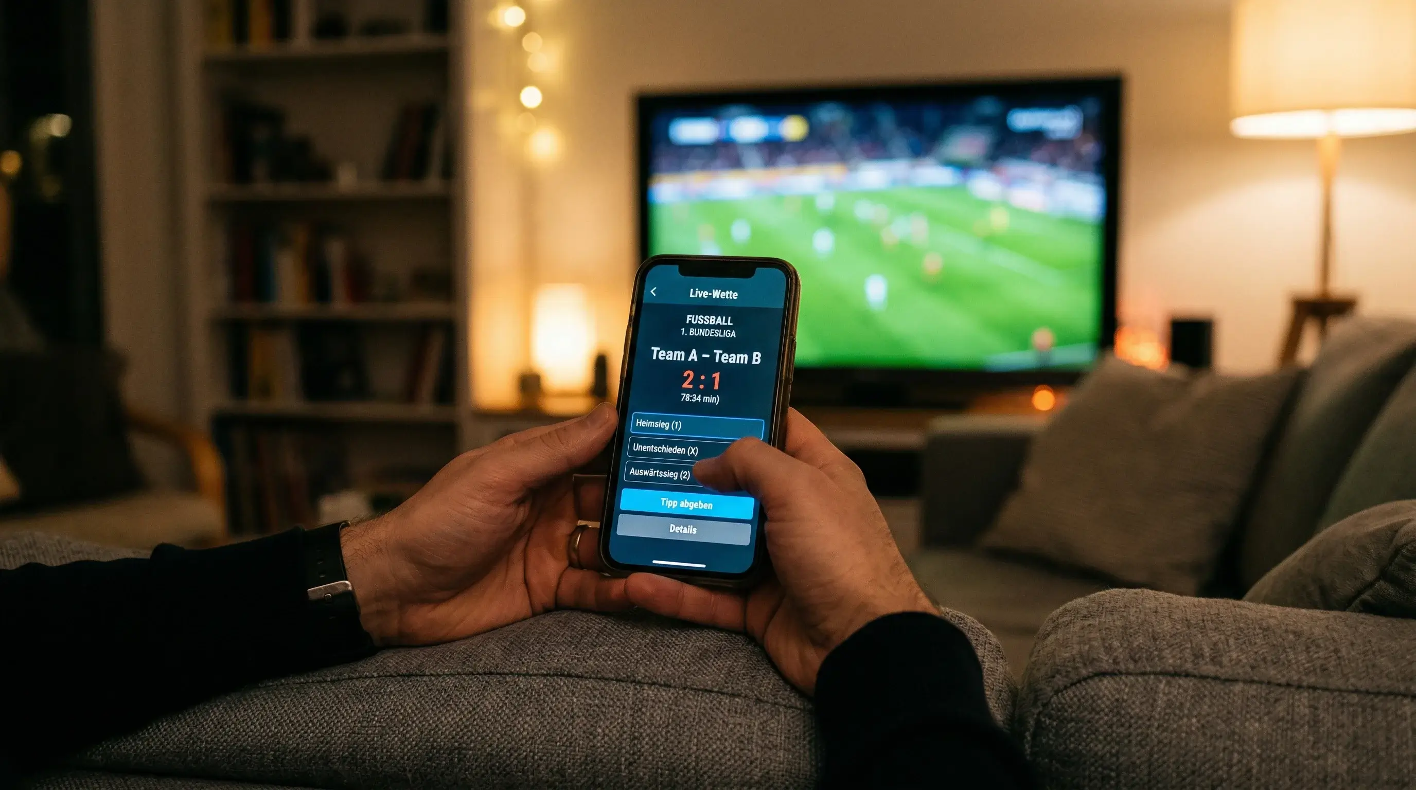 Hand haelt Smartphone mit Sportwetten-App in einem Wohnzimmer