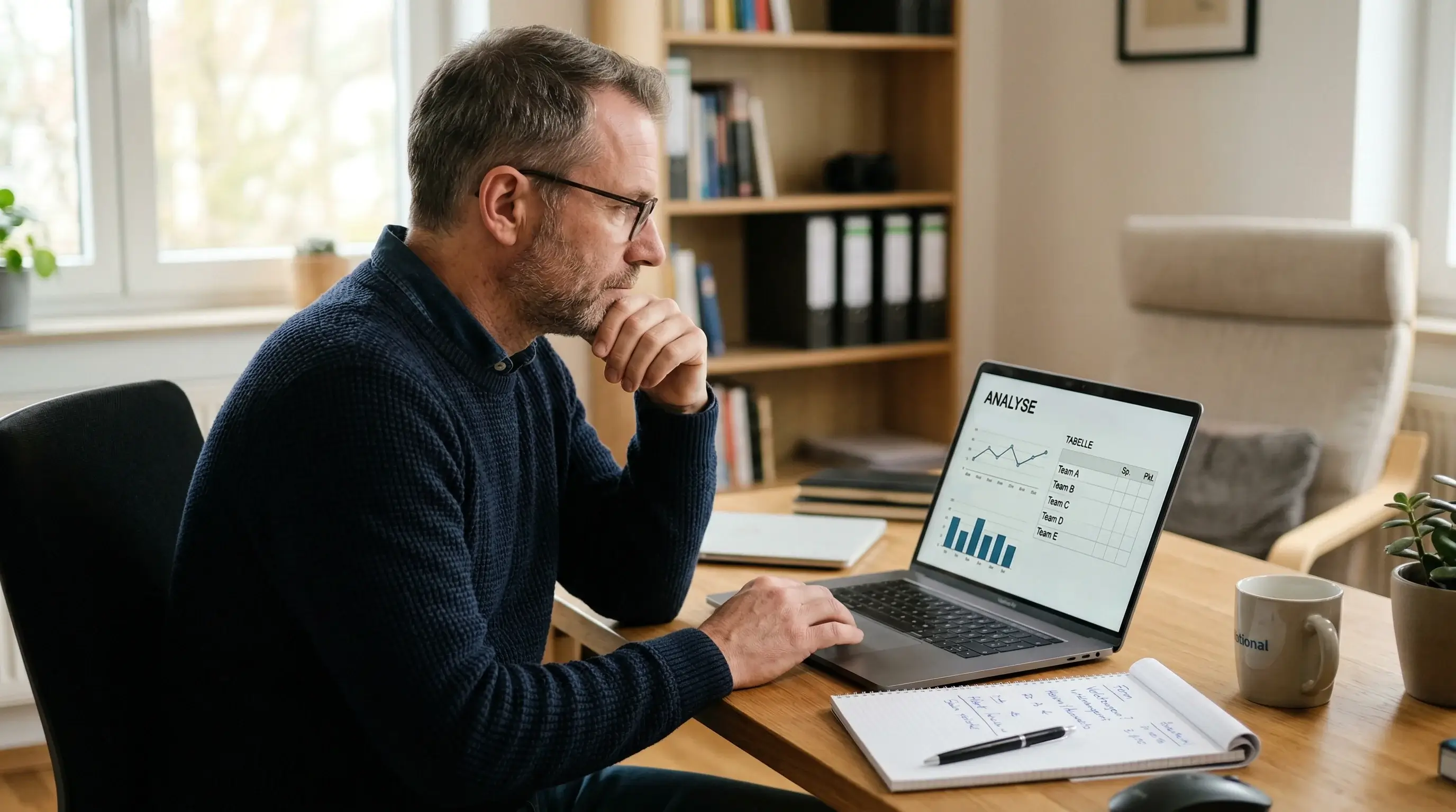 Nachdenklicher Mann sitzt vor einem Laptop mit Fussballstatistiken