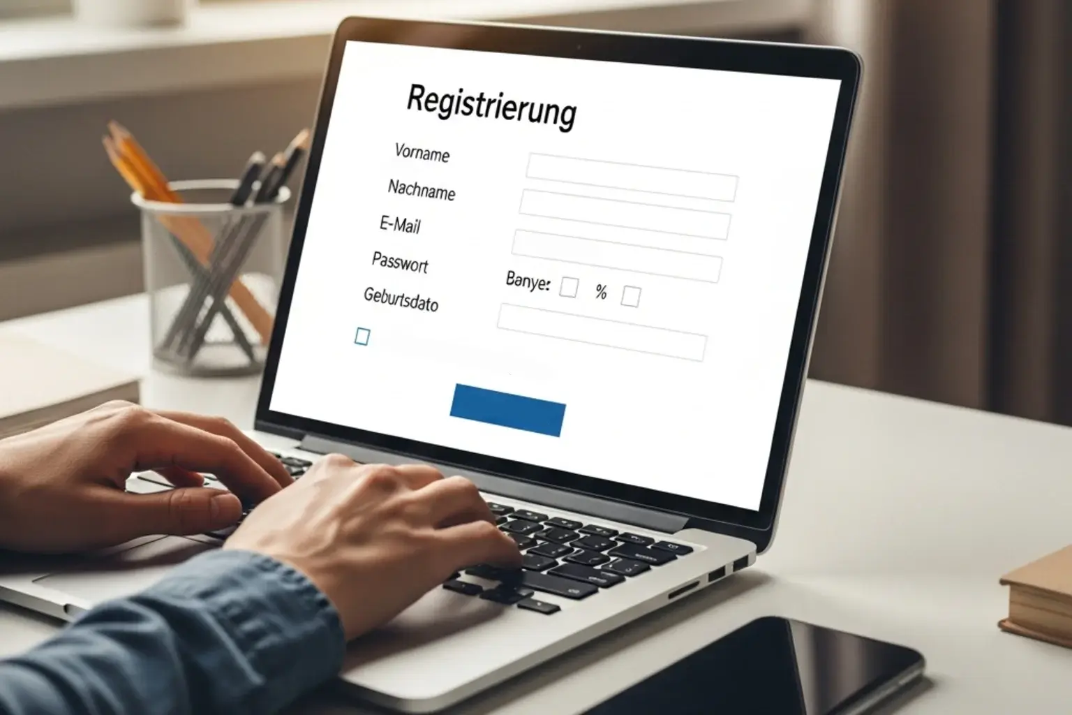 Person gibt Daten am Laptop ein zur Kontoerstellung