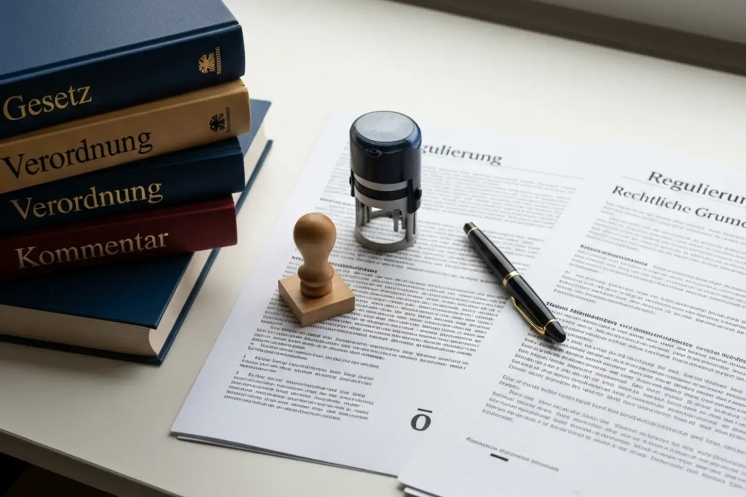 Dokumentenstapel mit deutschen Gesetzesbüchern und Stempel