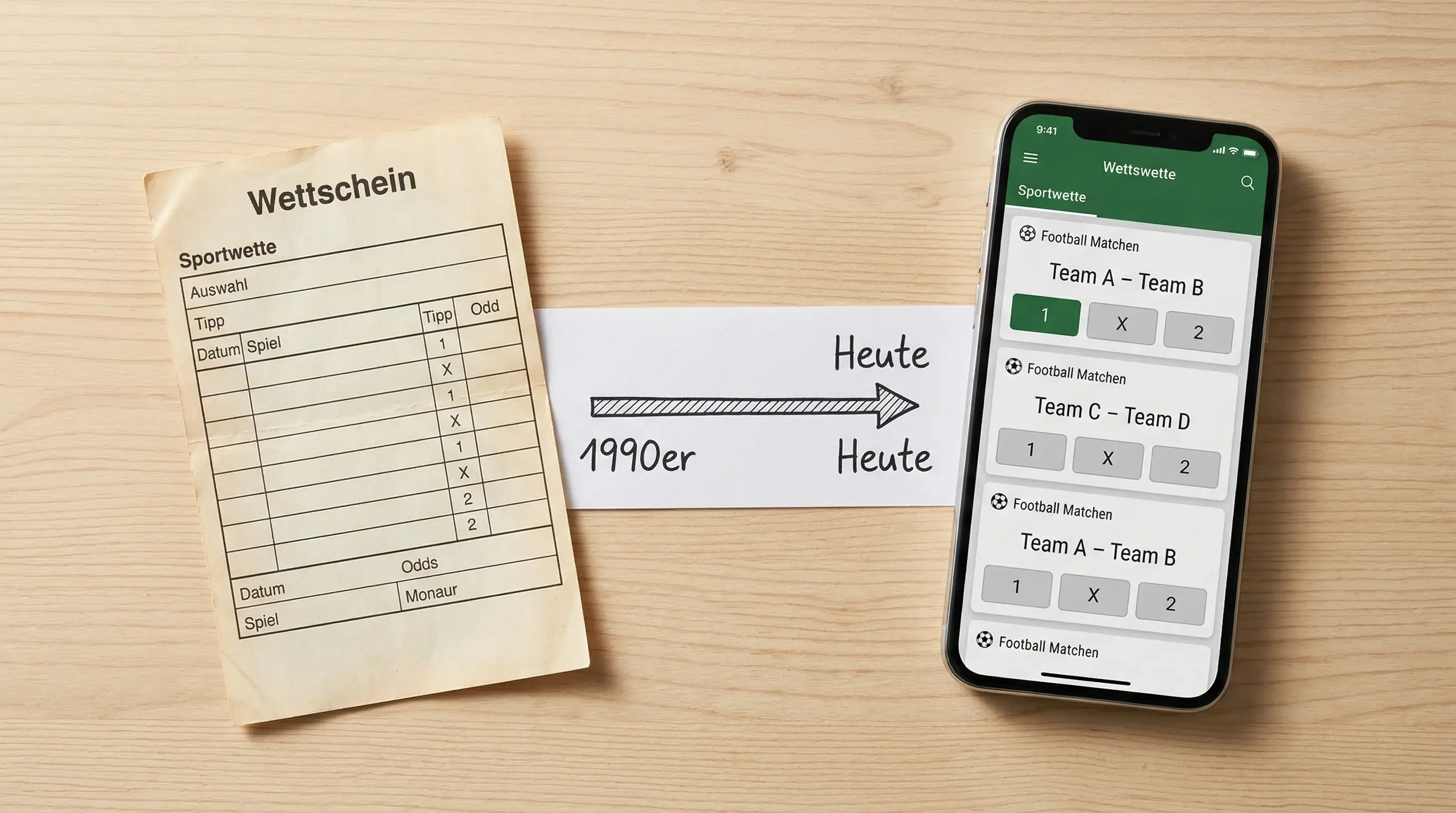 Historischer Wettschein und modernes Smartphone mit Wett-App nebeneinander