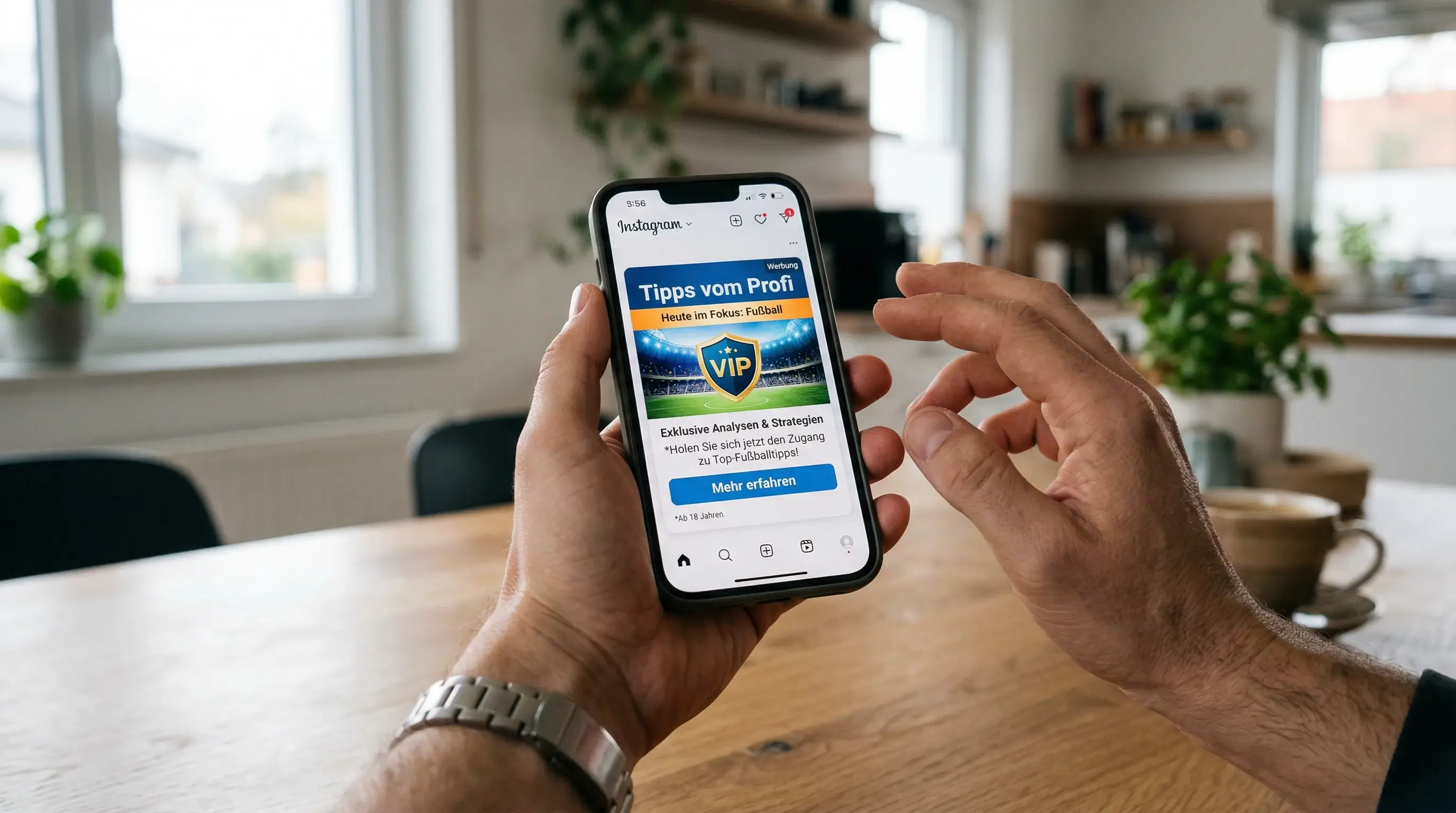 Person betrachtet skeptisch Werbung fuer Wett-Tipps auf dem Smartphone