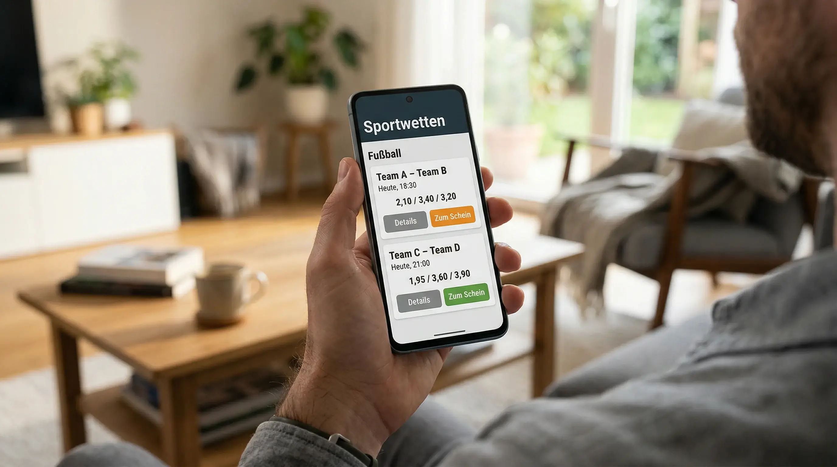 Hand haelt Smartphone mit uebersichtlicher Wett-App
