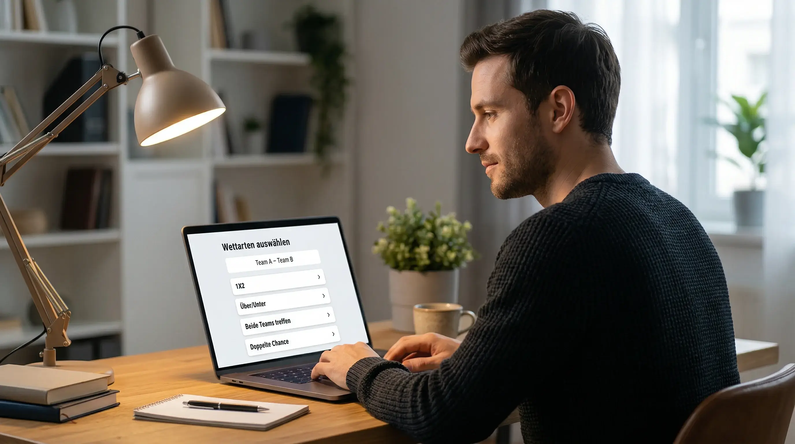 Nachdenklicher Mann studiert Wettoptionen auf Laptop