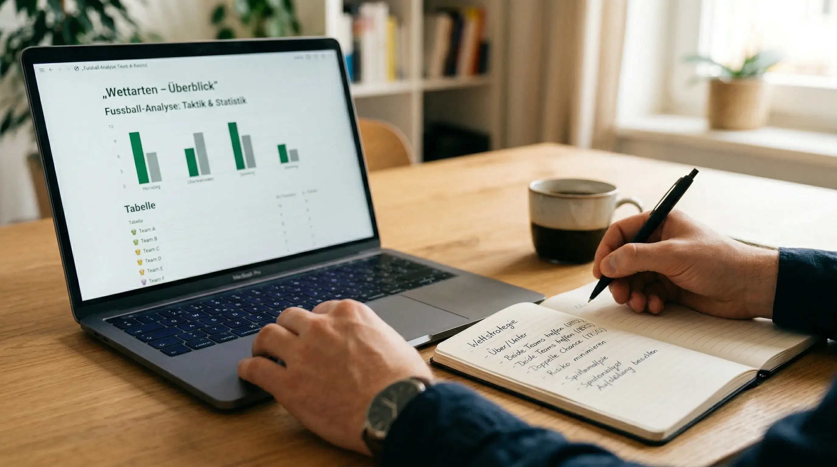 Person studiert Fußballstatistiken auf einem Laptop mit Notizbuch