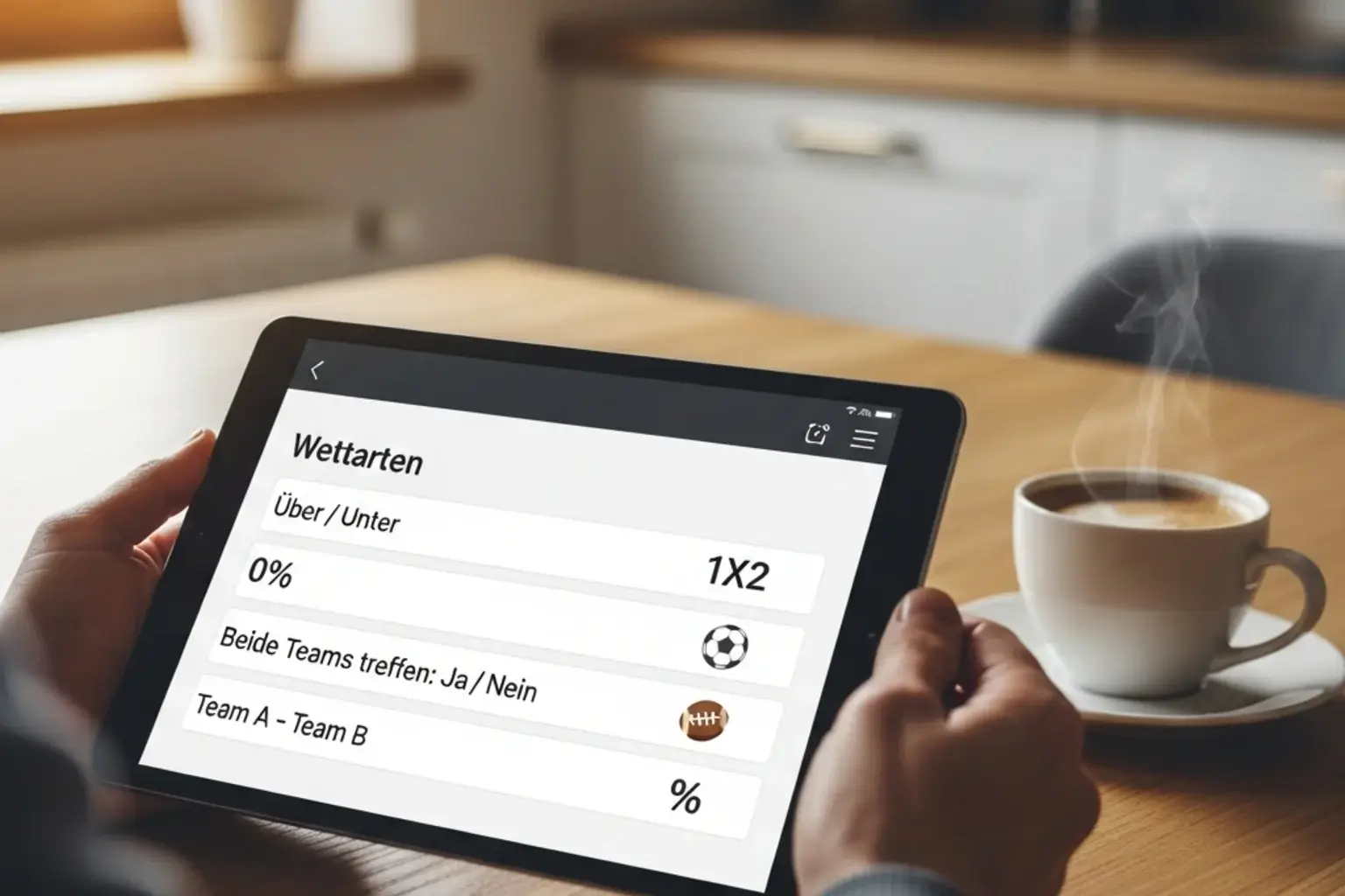 Person analysiert verschiedene Wettoptionen auf einem Tablet