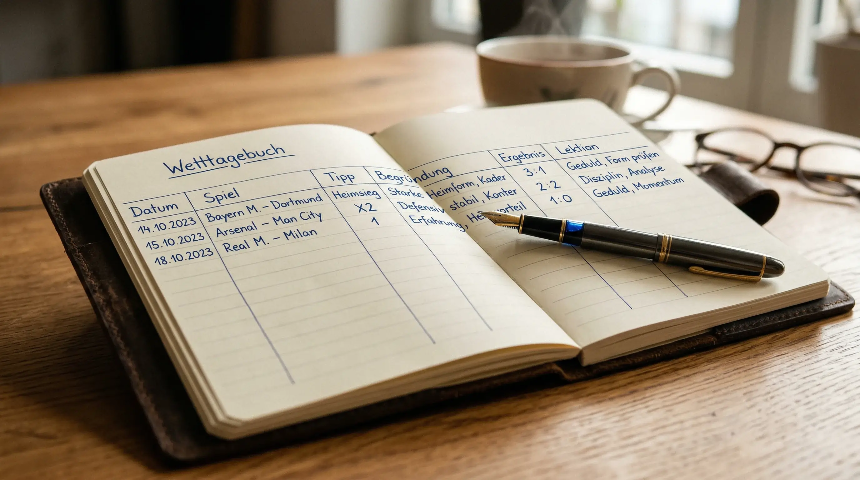 Aufgeschlagenes Notizbuch mit handschriftlichen Wettnotizen und Stift